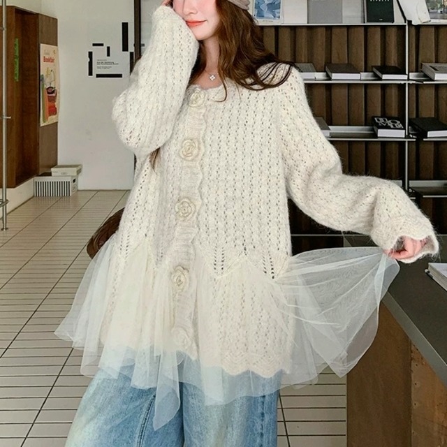 Flower tulle knit cardigan　B1294