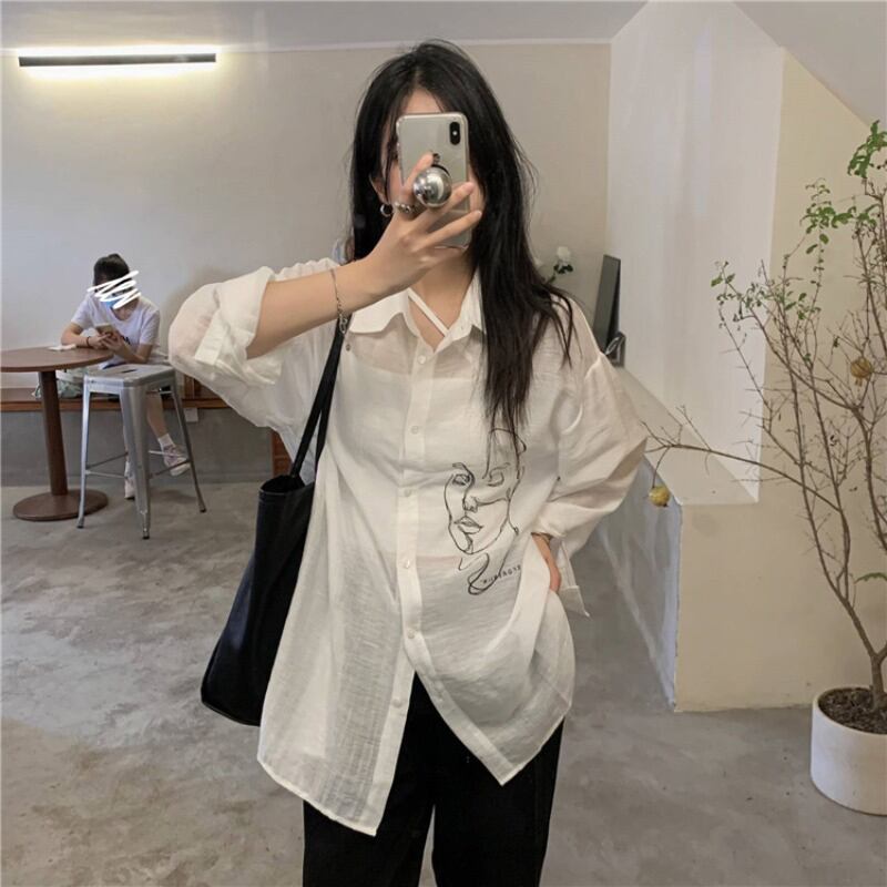 シャツ ホワイトジャケット サマールーズトップス ロング 夏物 ブラックストロベリース9659285142