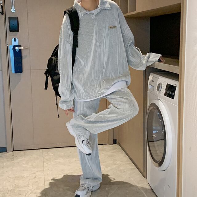 【予約販売】メンズ セットアップ 上下 長袖 グレー 男前 韓国 パンツ セット きれいめ 楽ちん 部屋着 ルームウエア カジュアル トレンド 大きいサイズ M/L/XL/2XL