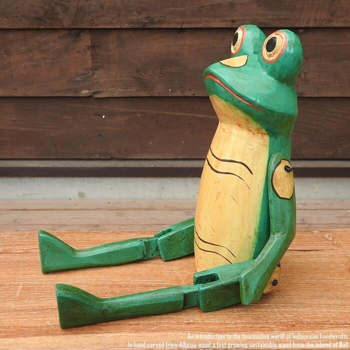 お座り カエルさん 黄色 Lサイズ 手足が動かせる木彫りの動物