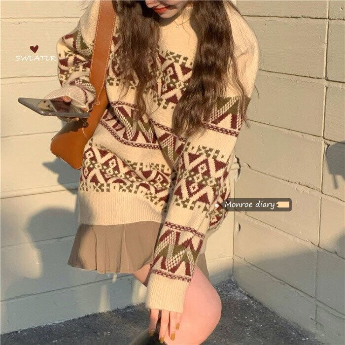 スタンダードセーター ルーズ長袖スリーブトップス オータムウィンターニット ロング レトロ 秋物 冬物 モンロー54843546762