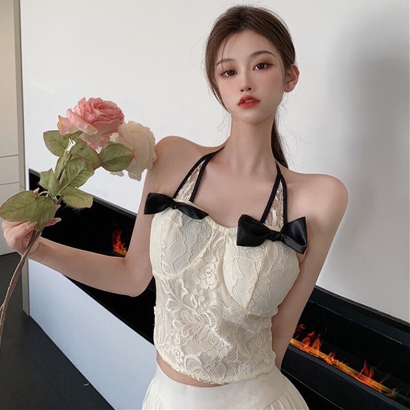 バックレースリボンホルター薄手ショートトップス レディース ピュア ハンチェンe27398595721