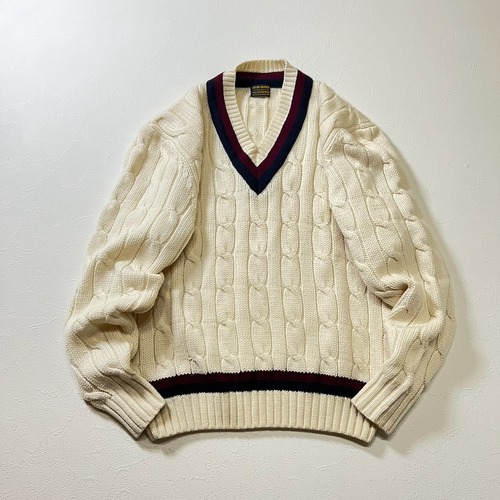 80s BROOKS BROTHERS　ウール　ケーブル　Vネック　チルデンニット　セーター　ブルックスブラザーズ　ホワイト　L 古着