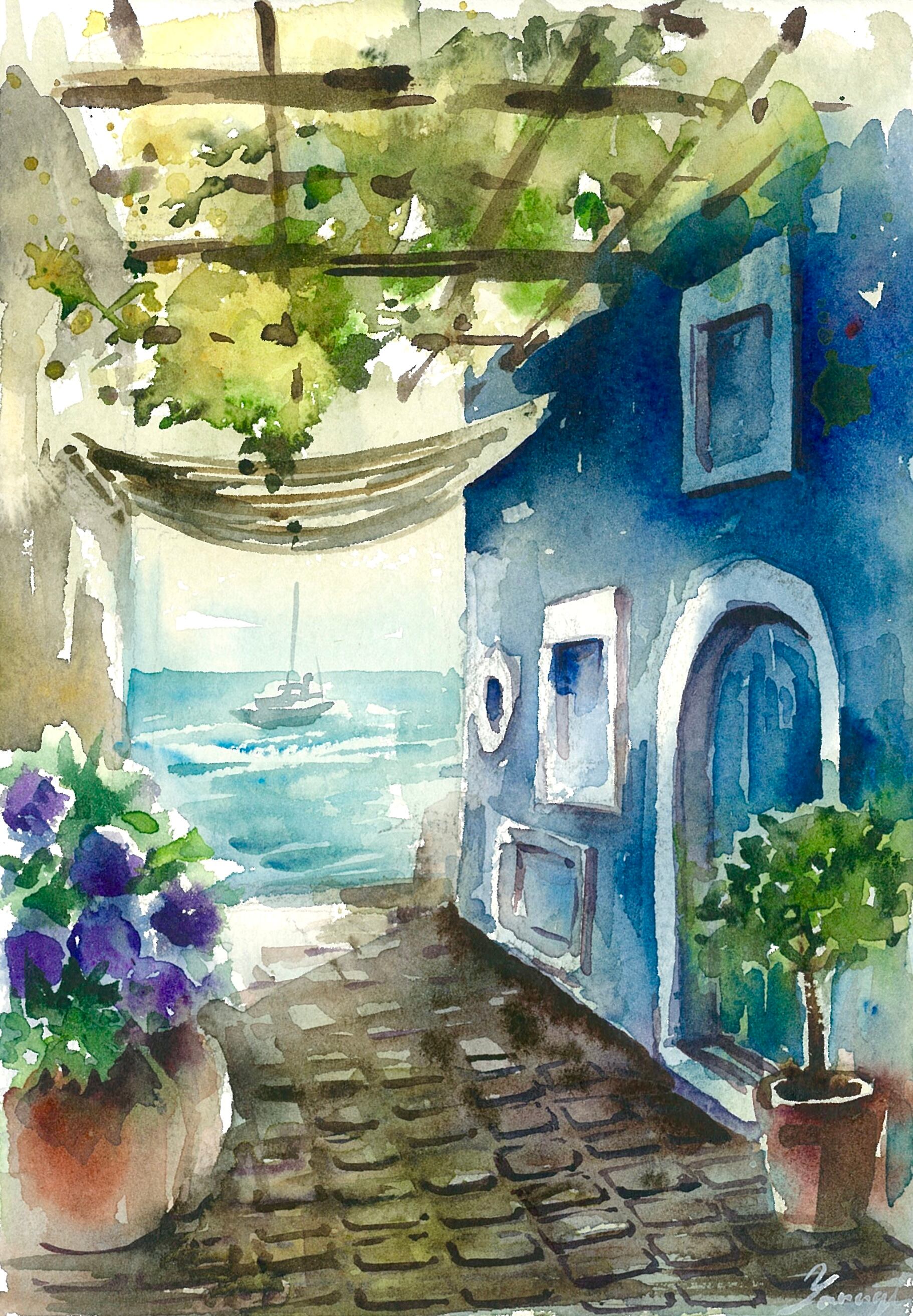 水彩画 原画 海辺の青い家 | yanagi