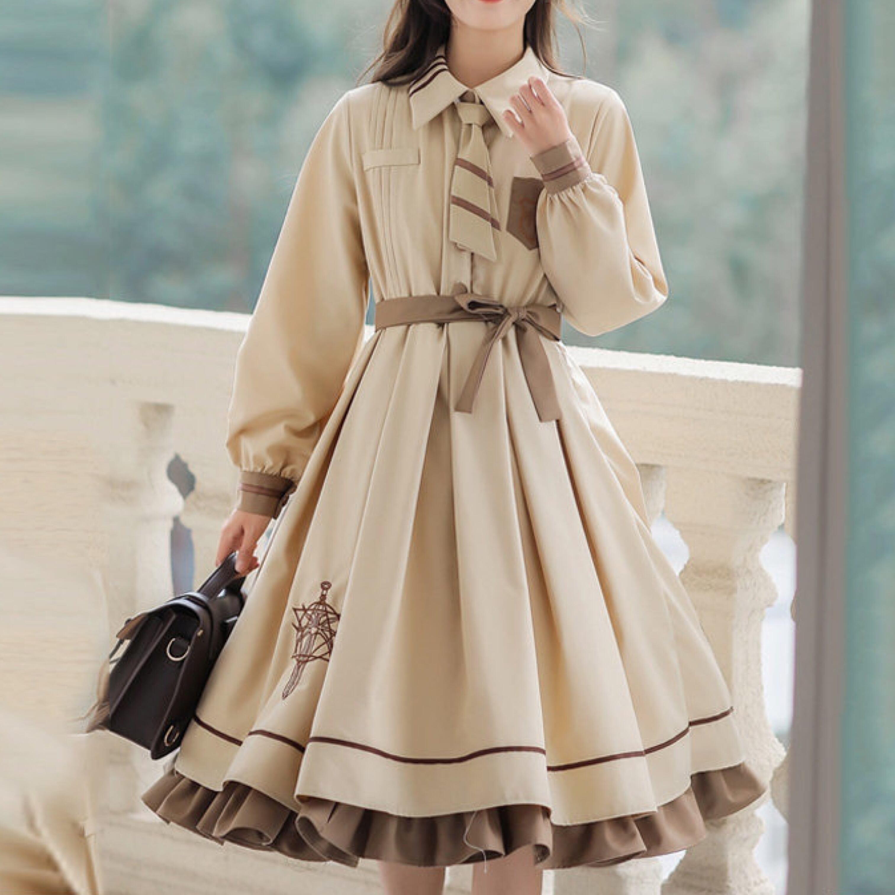 即納1点のみ レトロガーリー ネクタイ付きリボンベルトワンピース E1272 Retro N