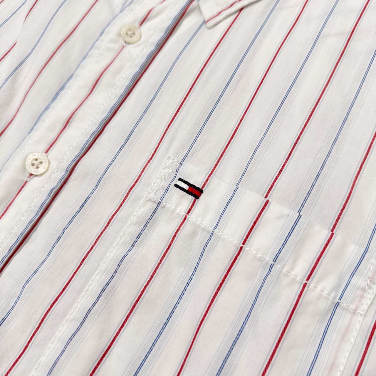 HILFIGER DENIM トミーヒルフィガー ストライプ柄 半袖シャツ サイズ L /メンズ/ホワイト/ミニフラッグ刺繍