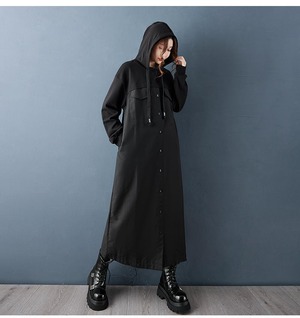 大きいサイズ 新品 秋冬 フード付 ロング パーカー ワンピース 黒 ストレート