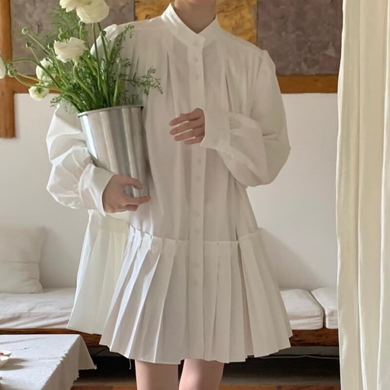 ワンピース レディース シャツワンピース ミニ丈 ショート スタンドカラー プリーツ 長袖 ボタン 襟付き シック シンプル 上品 ラペル ベルト ロング 春 秋 冬 エレガント カジュアル おしゃれ 大人女子 オフィス ビジネス OL 大人可愛い ラフ レトロ 抜け感 ホワイト ワンサイズ 無地 10代 20代 30代 40代 通勤 学生 通学 デート お出かけ 普段使い ファッション コーデ スタイル 楽ちん モテ 体型カバー トレンド 流行 インスタ映え 女子会 送料無料