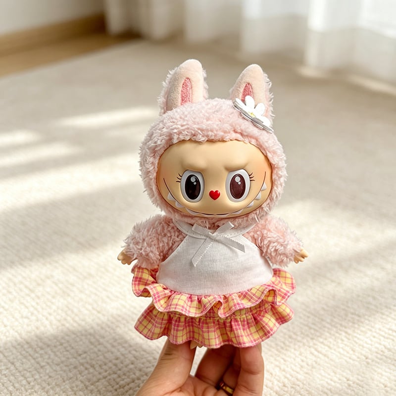 Labubu 1-3世代対応 かわいい 夏 チェック柄ワンピース+チャーム+靴