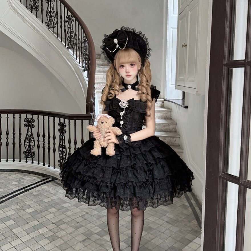 ロリータファッション 甘ロリ 白・黒レースバックリボン姫系JSK2点