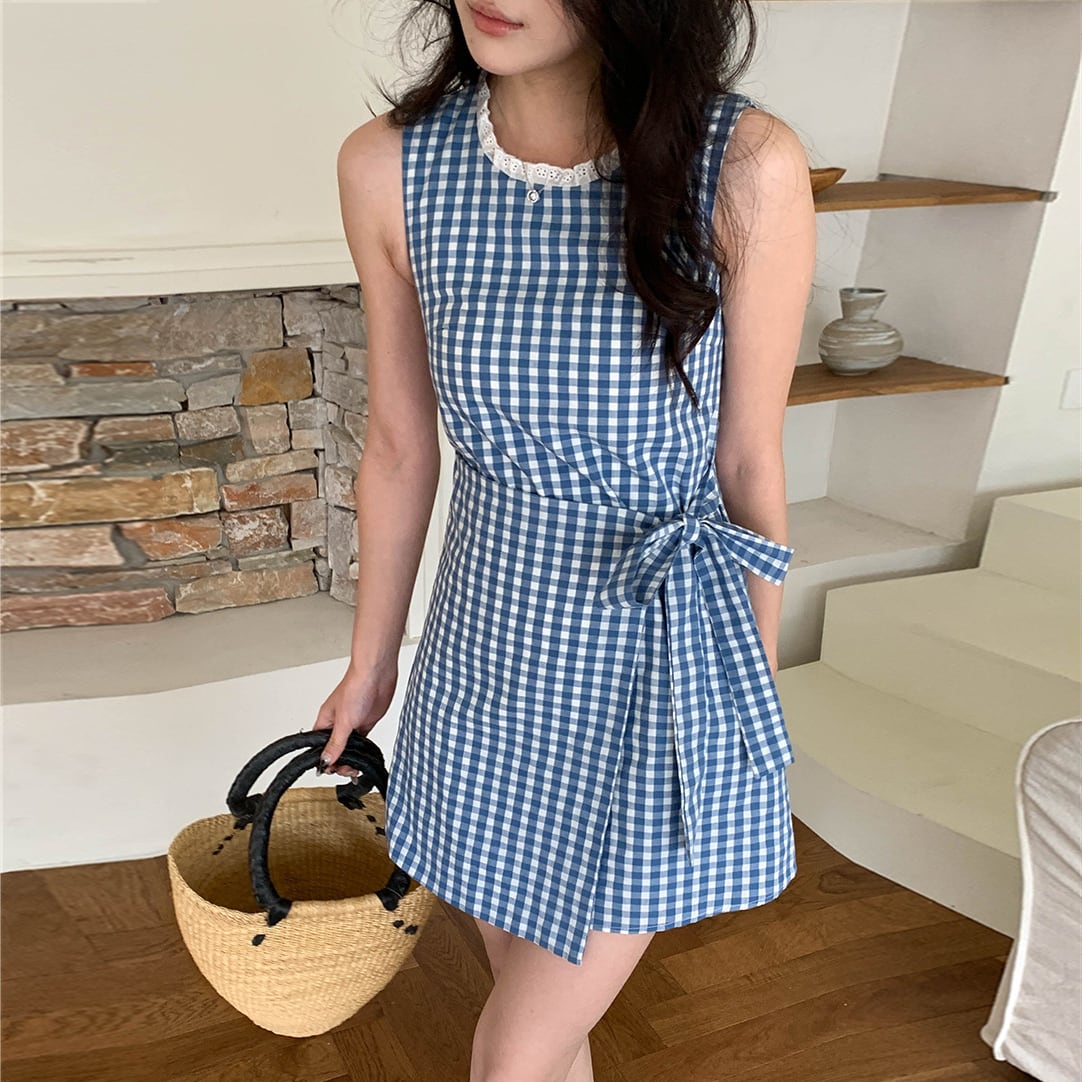 【dress】レースドッキングノースリーブチェック柄ワンピース M32951