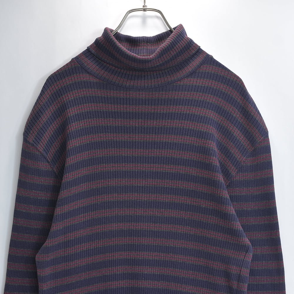 90s DKNY ダナキャランニューヨーク タートルネック カットソー リブ ボーダー ロゴ ルーズシルエット 長袖 Tシャツ チャコール ワインレッド USED ヴィンテージ ビンテージ 古着 メンズ M〜相当