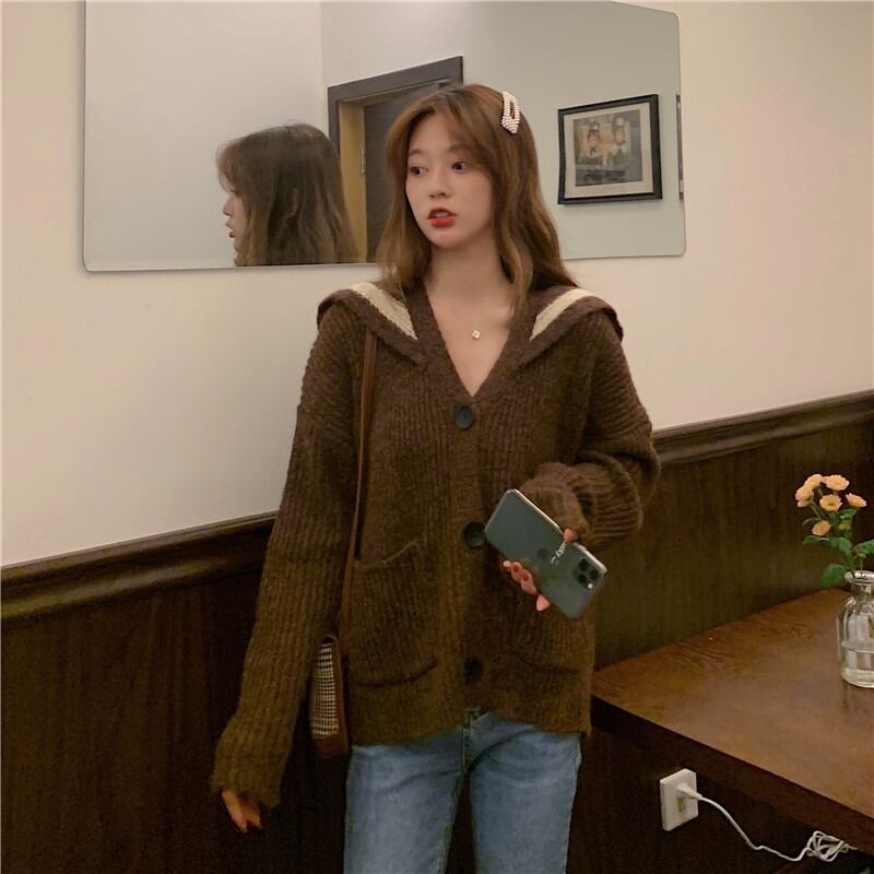 ネイビーカラールーズセーター スタンダードジャケット ロング レトロ YY-ファッション94523783695