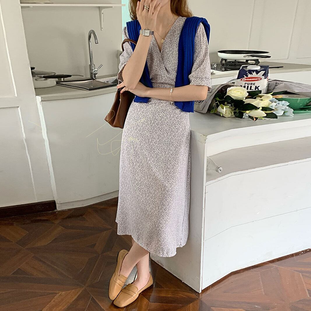 スタンダードVネックフローラルドレス シフォンロングスカート サマー レトロ 大人ガーリー スウィート キュート カジュアル 夏物 花柄 モンロー15192104617