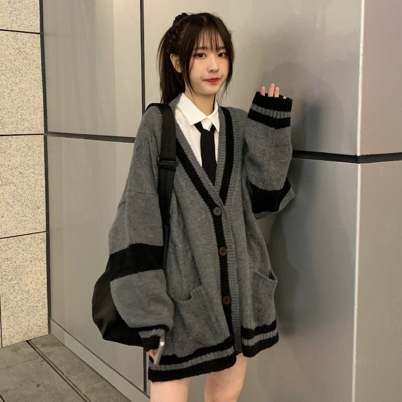 カラーセーター ジャケット Vネックスプリングオータムルーズストライプスタイルニットトップス 春物 秋物 萌量不足8165389983