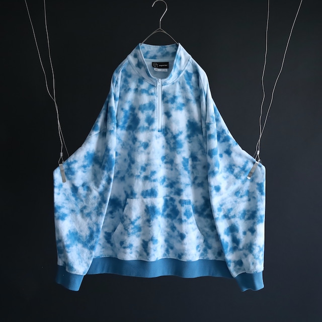 over silhouette white × blue art design half zip-up sweat pullover