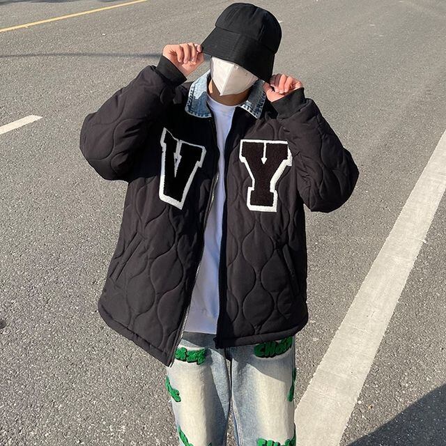 【予約販売】ブルゾン キルティング 防寒 メンズ アウター デニム ストリート 異素材 ジャケット ショート丈 オーバーサイズ ブラック こなれ感 お洒落 韓国 トレンド 秋 冬 S/M/L/XL