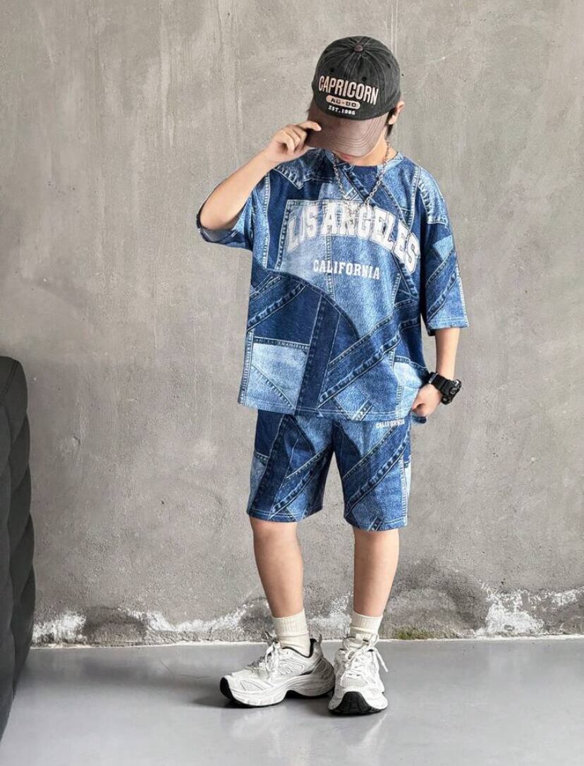 セットアップ 140 男の子 キッズ Tシャツ ハーフパンツ デニムパッチ