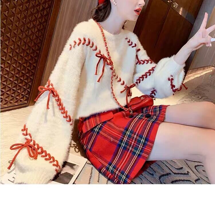 セーター リボン 赤 白 ガーリー トップス XL | LOVEYsmileSHOP