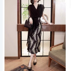 プリントシフォンワンピース　フリルドッキング　G0808