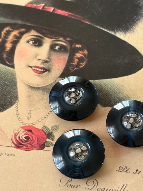 20mm Japanese ヴィンテージボタン ネイビー×シルバー マーブル調 樹脂ボタン 昭和レトロ アクセサリーパーツ 装飾材 カルトナージュ