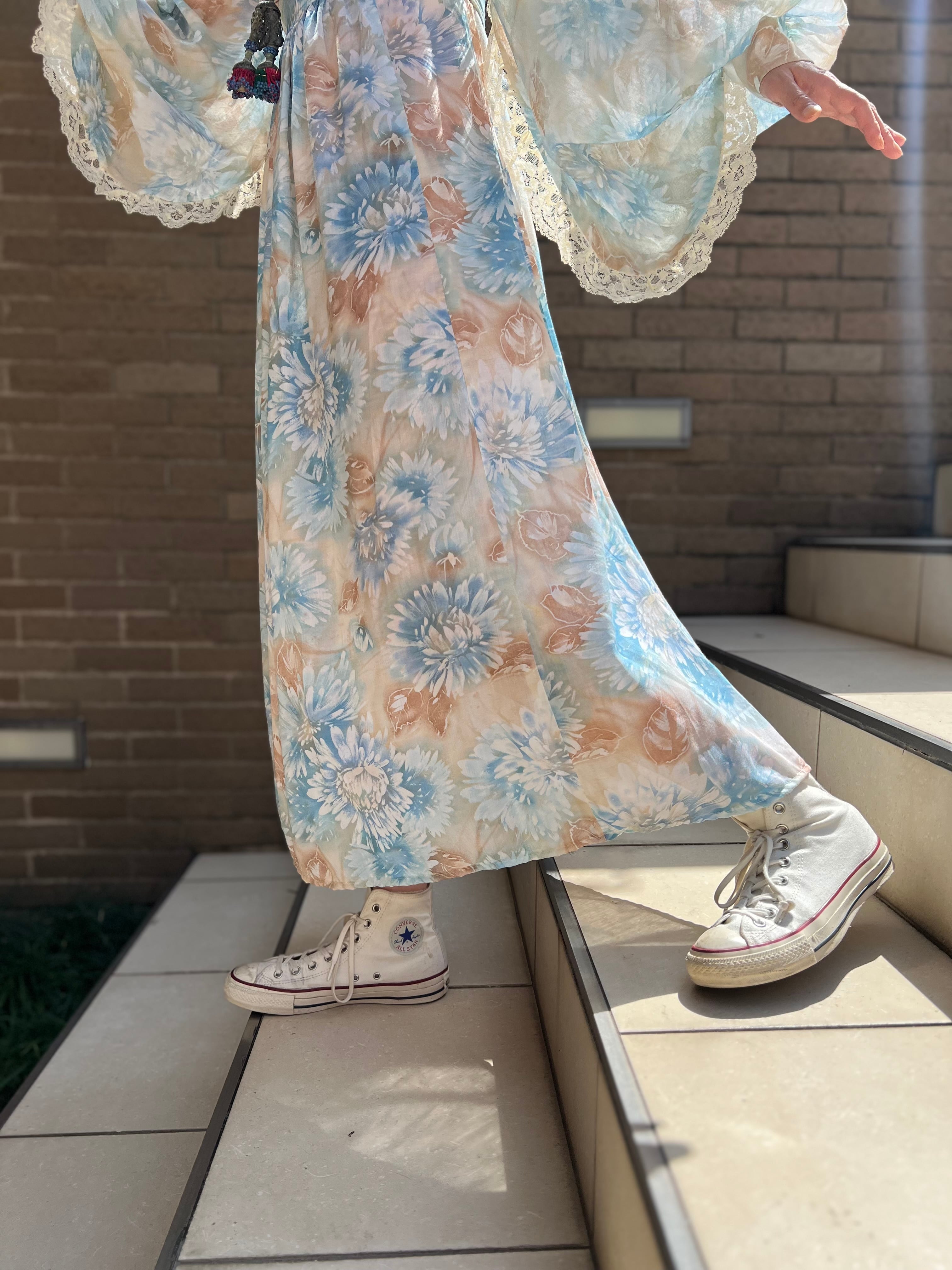 70s floral × lace dress ( ヴィンテージ 花柄 × レース ワンピース