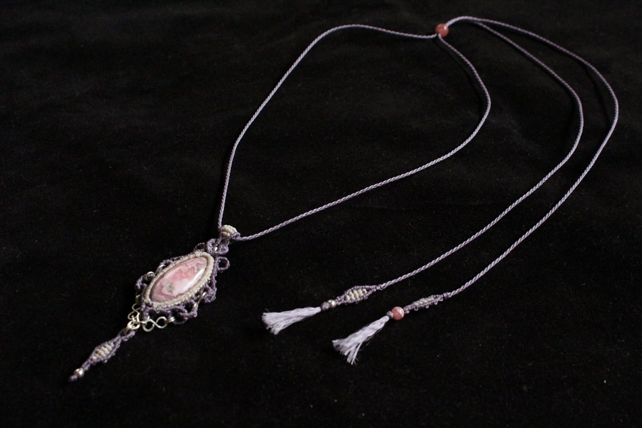 Rhodochrosite silverwire micromacrame pendant