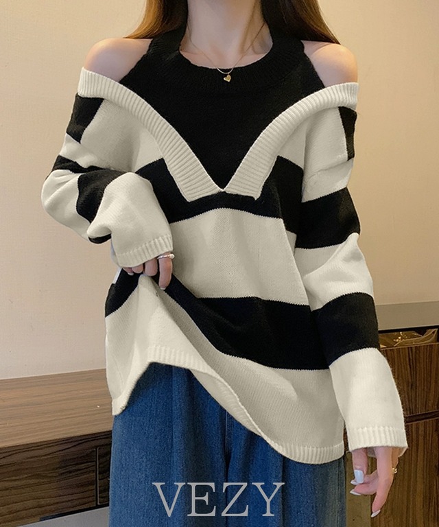 ボーダー柄ニットトップス オフショルダー 肩開き ニットプルオーバー レイヤード風 ニットセーター 重ね着風ニットトップス 肌見せトップス バイカラー レディース ニット セーター lstpベジー VEZY ItemNo.【20171153 】