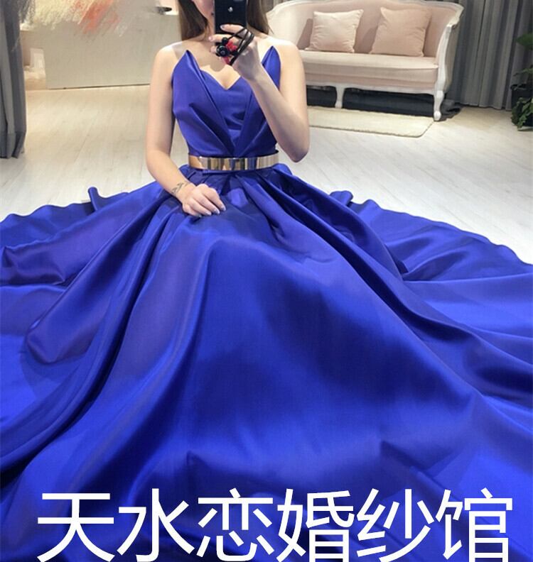 カラードレス 紫青 光沢サテン プリンセスライン ベアトップ