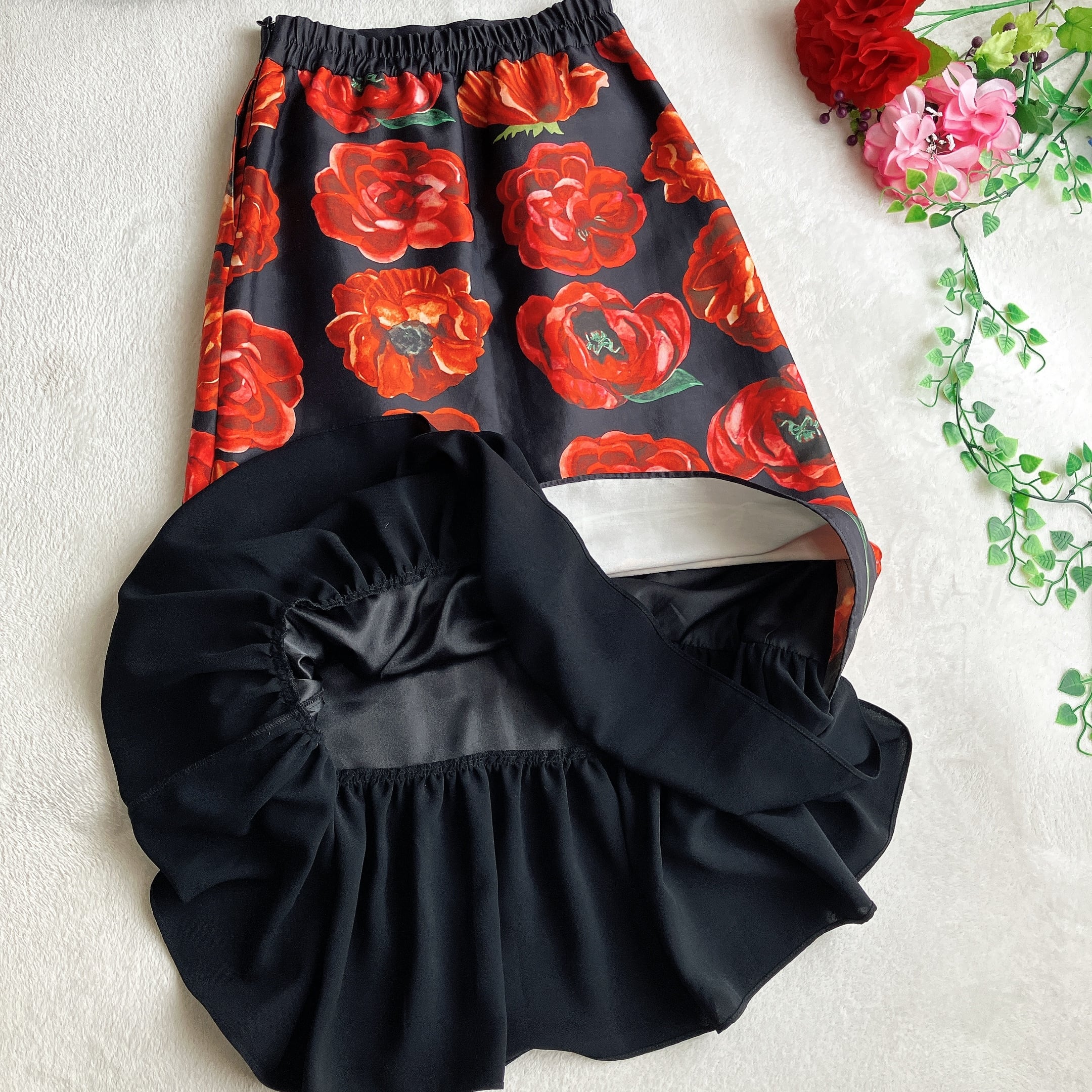 美品】AMERI VINTAGE アメリ☆ASHLEY FLOWER SKIRT 異素材ドッキング