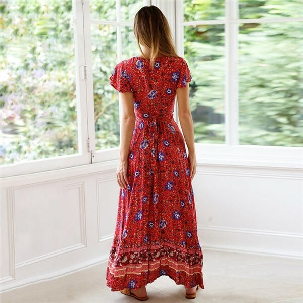 送料無料 マキシワンピース ロングワンピース 花柄 Vネック A