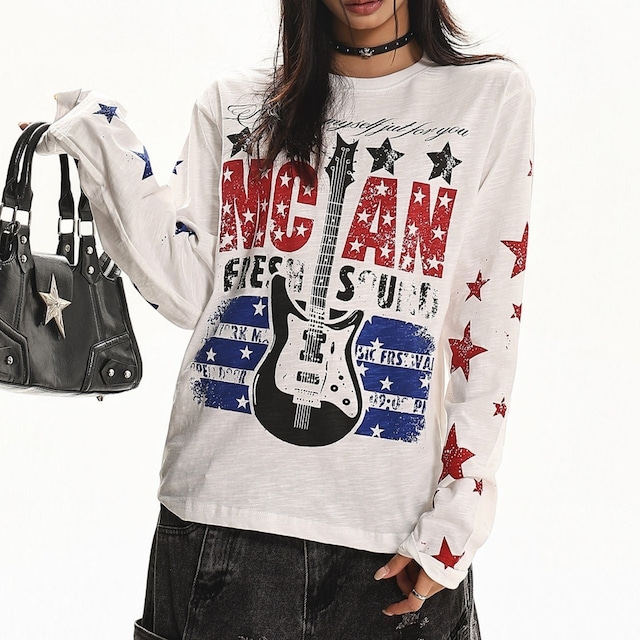 ギターグラフィックスタープリントロングTシャツ 1col R02674