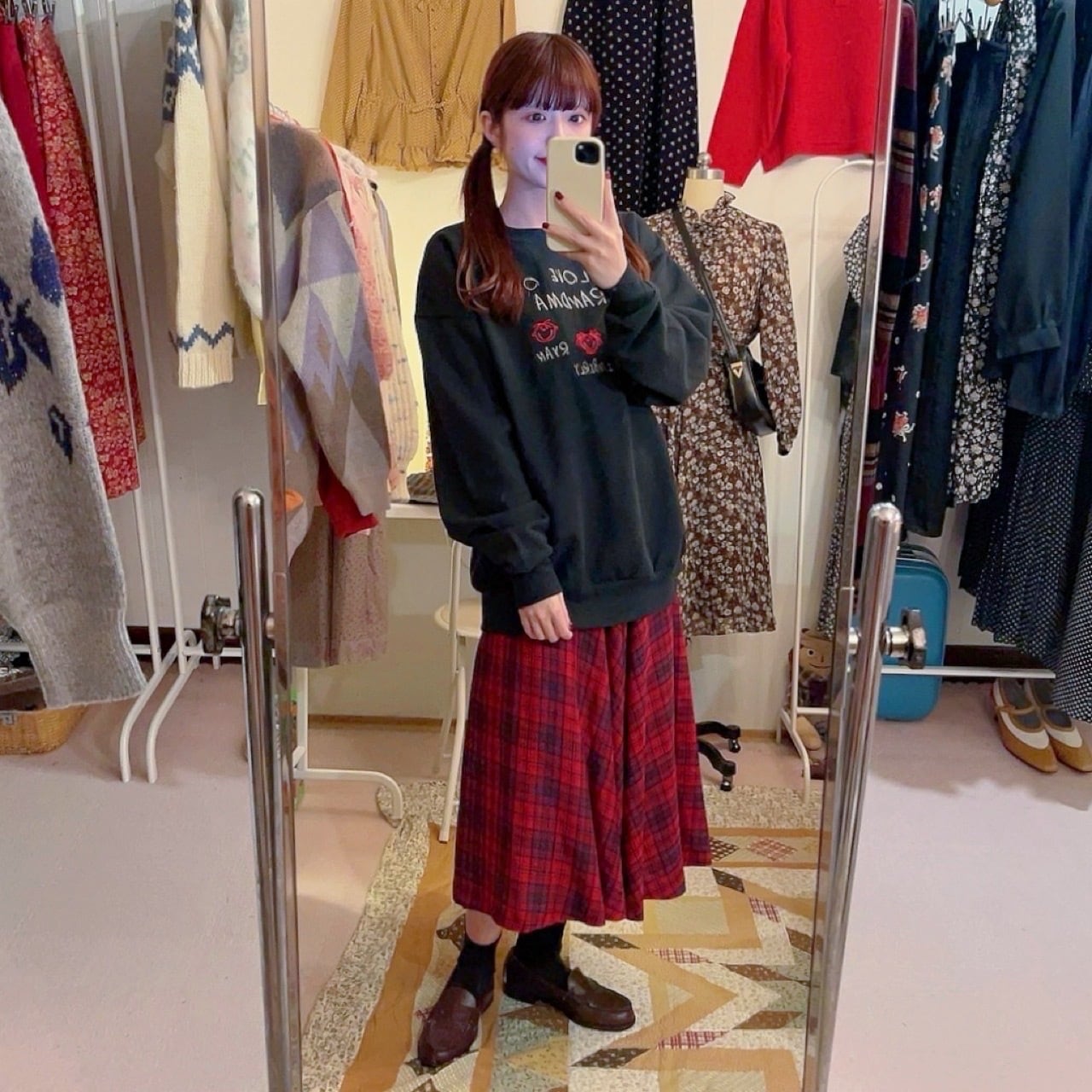 red navy check flare skirt