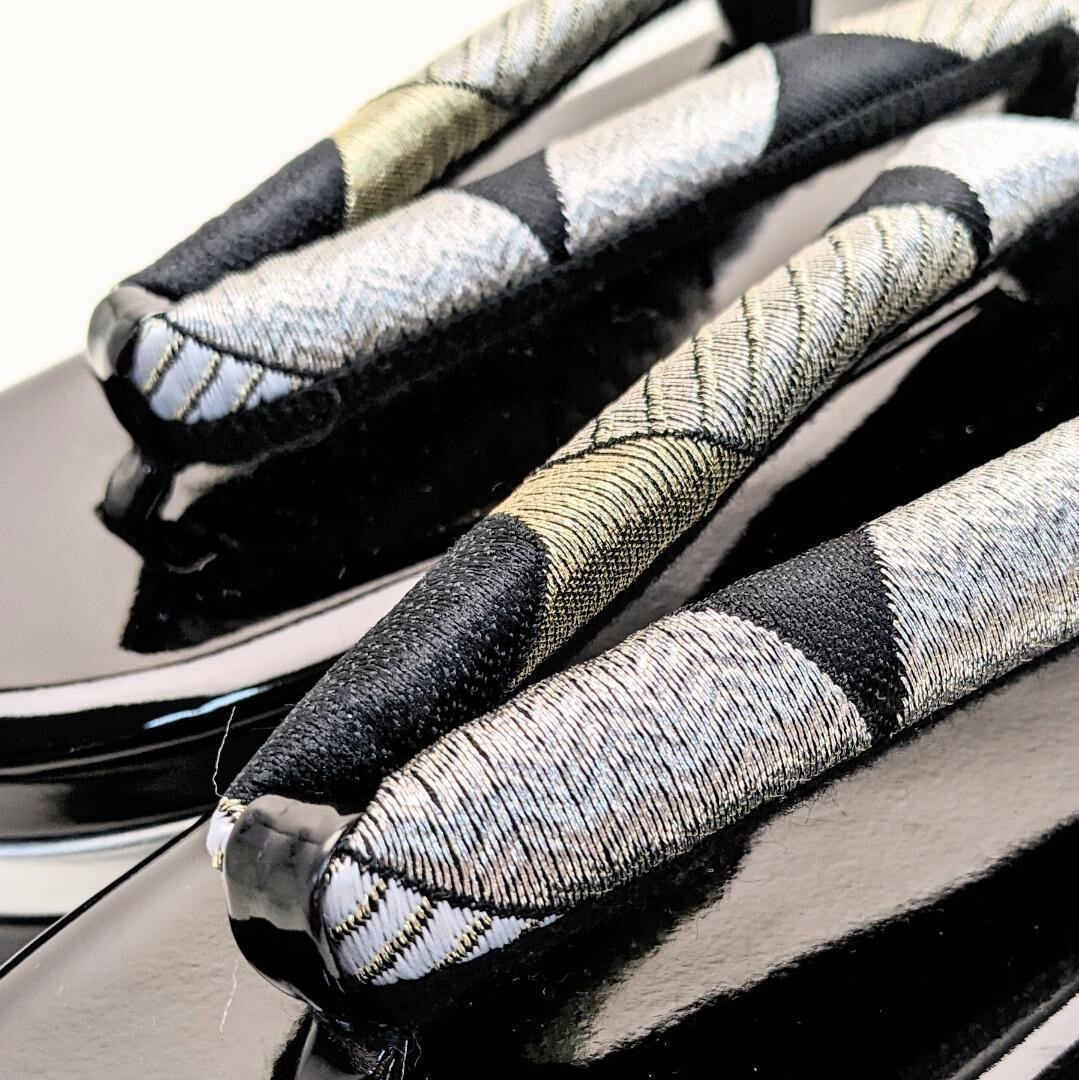 和装 草履バッグセット 帯地 七宝 黒×銀 3枚芯 フリーサイズ k15-1