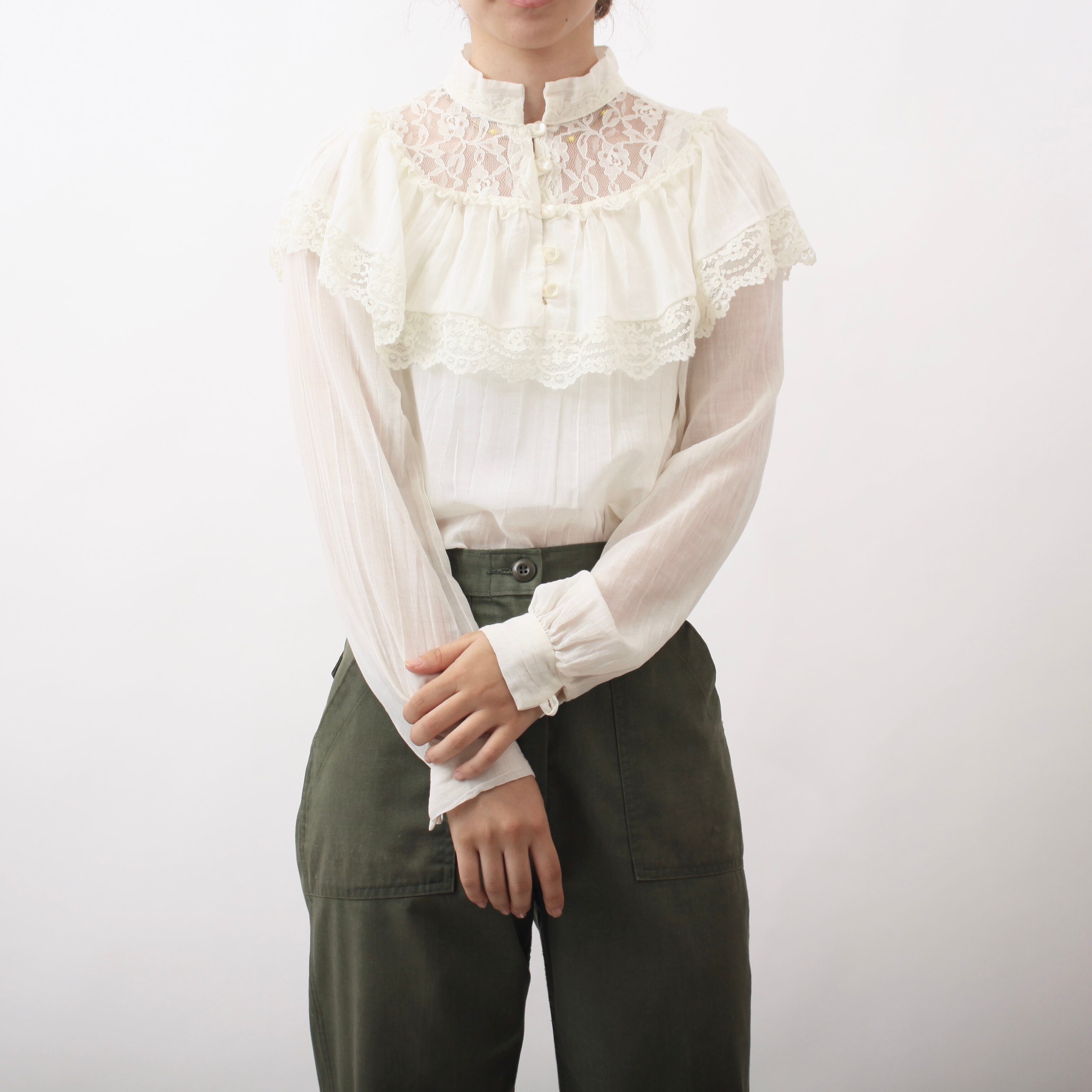0510. 1970's cotton gaze lacy blouse ホワイト 刺繍 レースシャツ ...