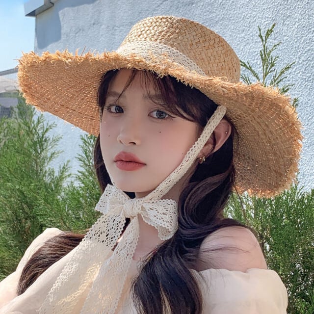 麦わら帽子 ストローハット レディース レース リボン ツバ広 天然素材