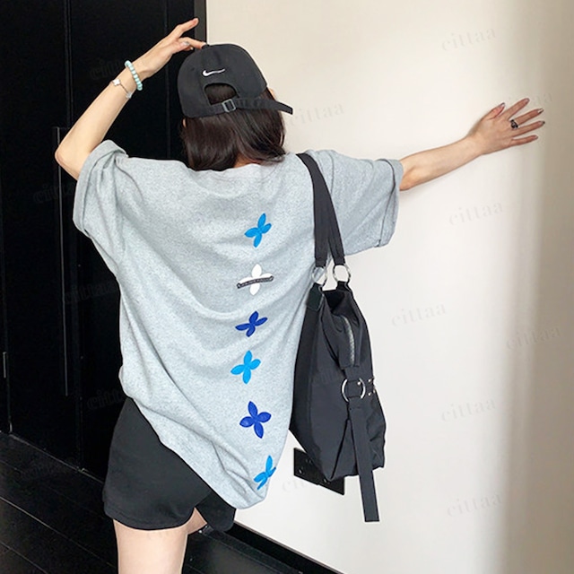 ★予約★D-1189　2026夏新作♡BLUEパッチデザイン半袖Tシャツ　グレー