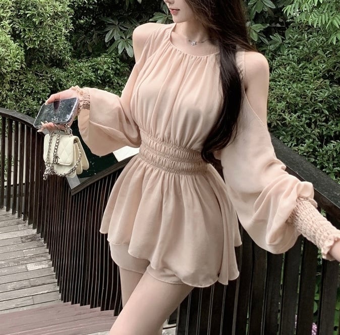 【韓国発】シフォンホルターネックフレアロングセットアップ 肩出しフェアリーシフォン女神様セットアップ | selectshop.selepuu