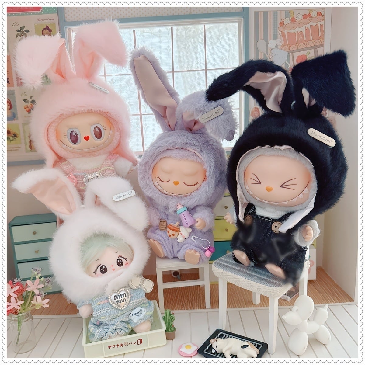 Labubu 1-4代用 かわいい うさ耳 帽子 ぬいぐるみ用 着せ替え