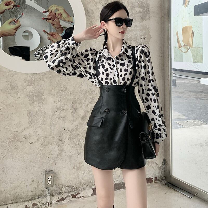 スタイルスタンダードレオパードプリント柄シャツ オータムレザースカート ロング レトロ ストリート 秋物 ガールズファッション14629085948