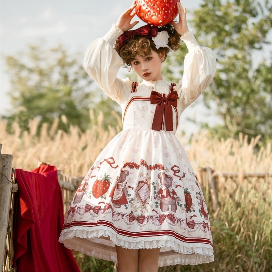 サブカル 服 地雷系 通販 クリスマスコーデ セットアップ ジャケット ジャンパースカート くまちゃん プリント柄 ロマンティック lolita