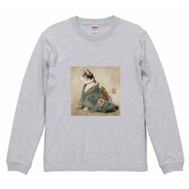 雅やかに佇む江戸の三毛猫 ロングTシャツ リブ付 / Elegant Calico Cat from Edo Long Sleeve T-Shirt with Ribbed Detail