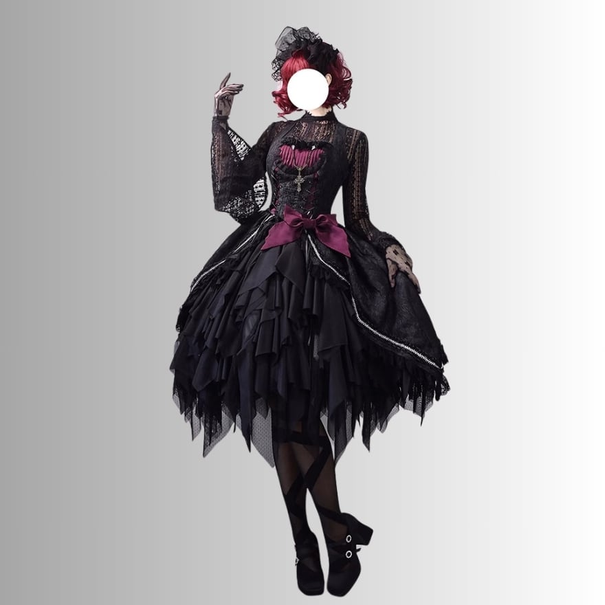 ハロウィン衣装 ブラックレッドゴスロリ半身スカートロング
