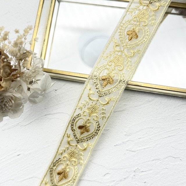 1ロール　プレシャスハート　[イエロー]インド刺繍リボン　2848-1R