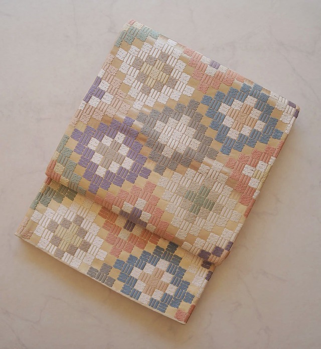 【ふくろ帯】パステル調　モザイク文　唐織りふくろ帯