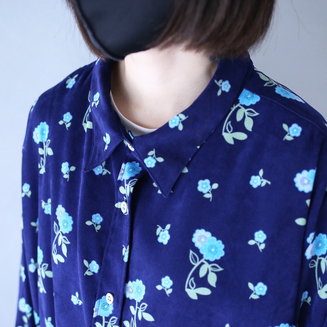 blue flower beautiful pattern XX over wide silhouette fake suede shirt
