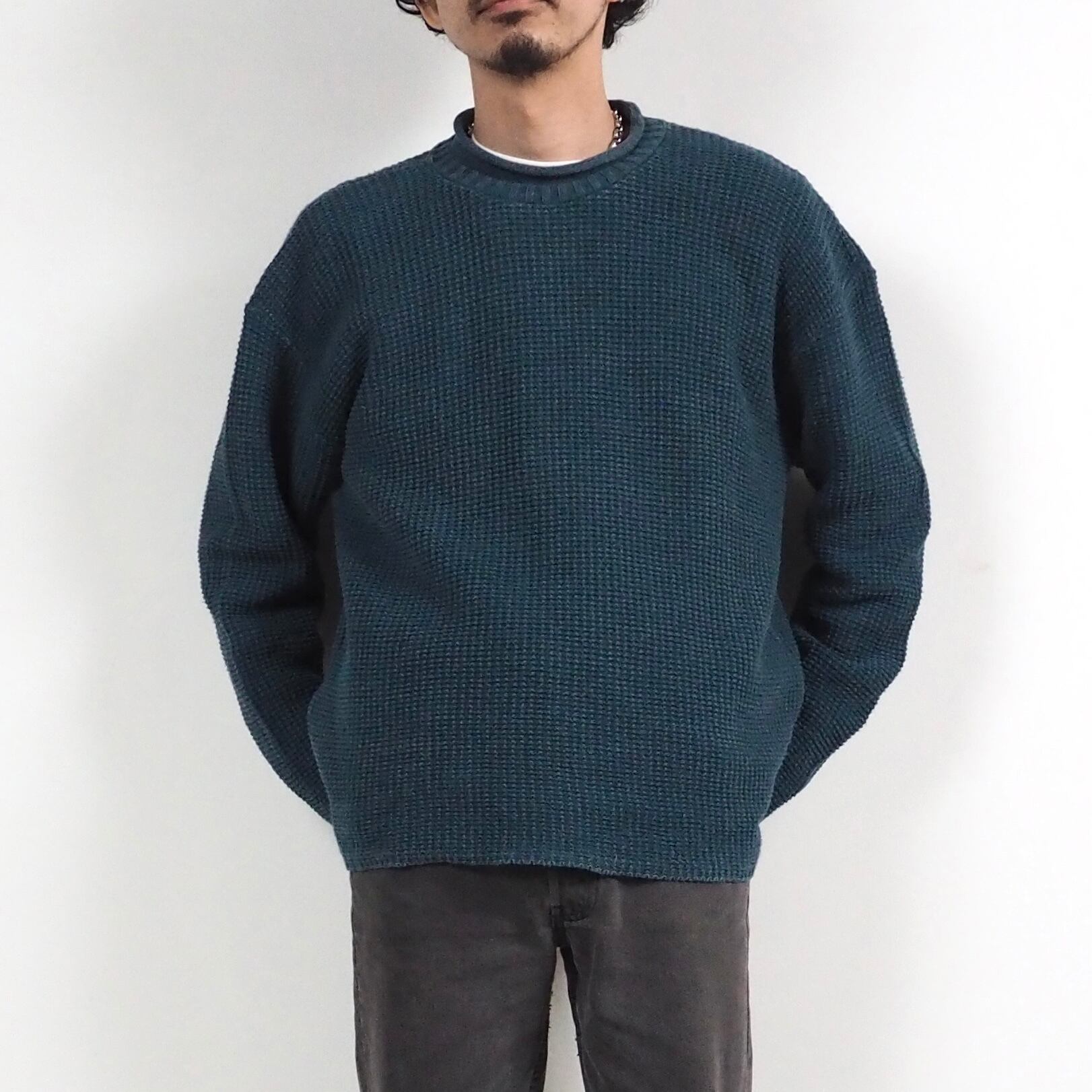 Spar Knitwear waffle cotton roll neck sweater M 90's green USA製 ロールネック ワッフル ニットセーター