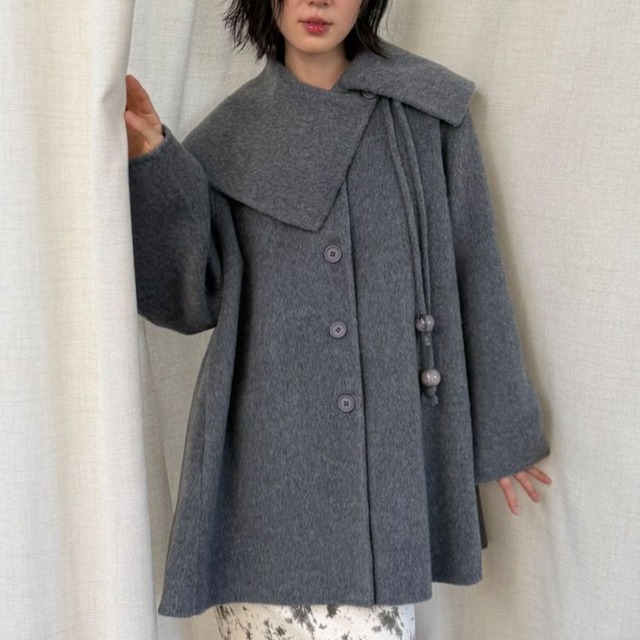Asymmetrical big collar midi wool coat   G918