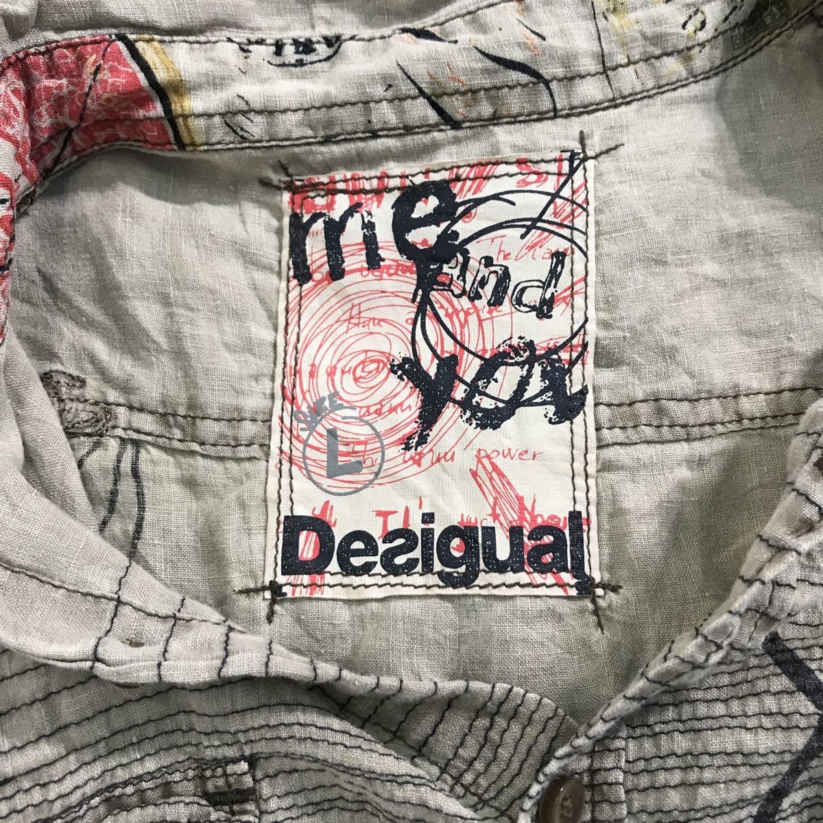 Desigual 半袖 プリント シャツ L カーキ デシグアル 2ポケット 刺繍 ...