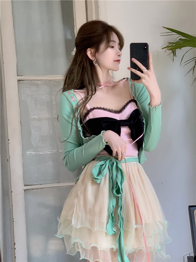 レースサマートップス ピンク リボン 夏物 ピュア ブラックストロベリース22170247507